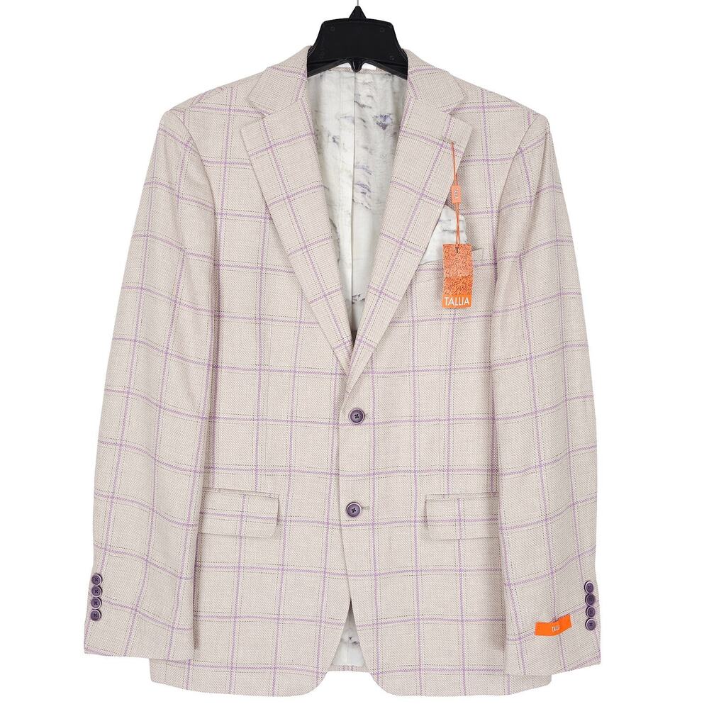 Tallia Mens Slim Fit Sport Coat 42L Natural Beige Blue Windowpane Stretch Linen